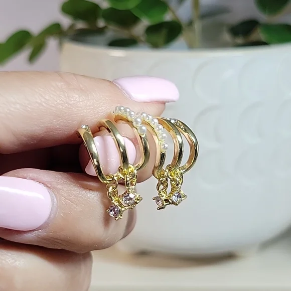 Claw Style Huggies with Faux Pearl, Crystal Dangles, S925 - Picture 6 of 7